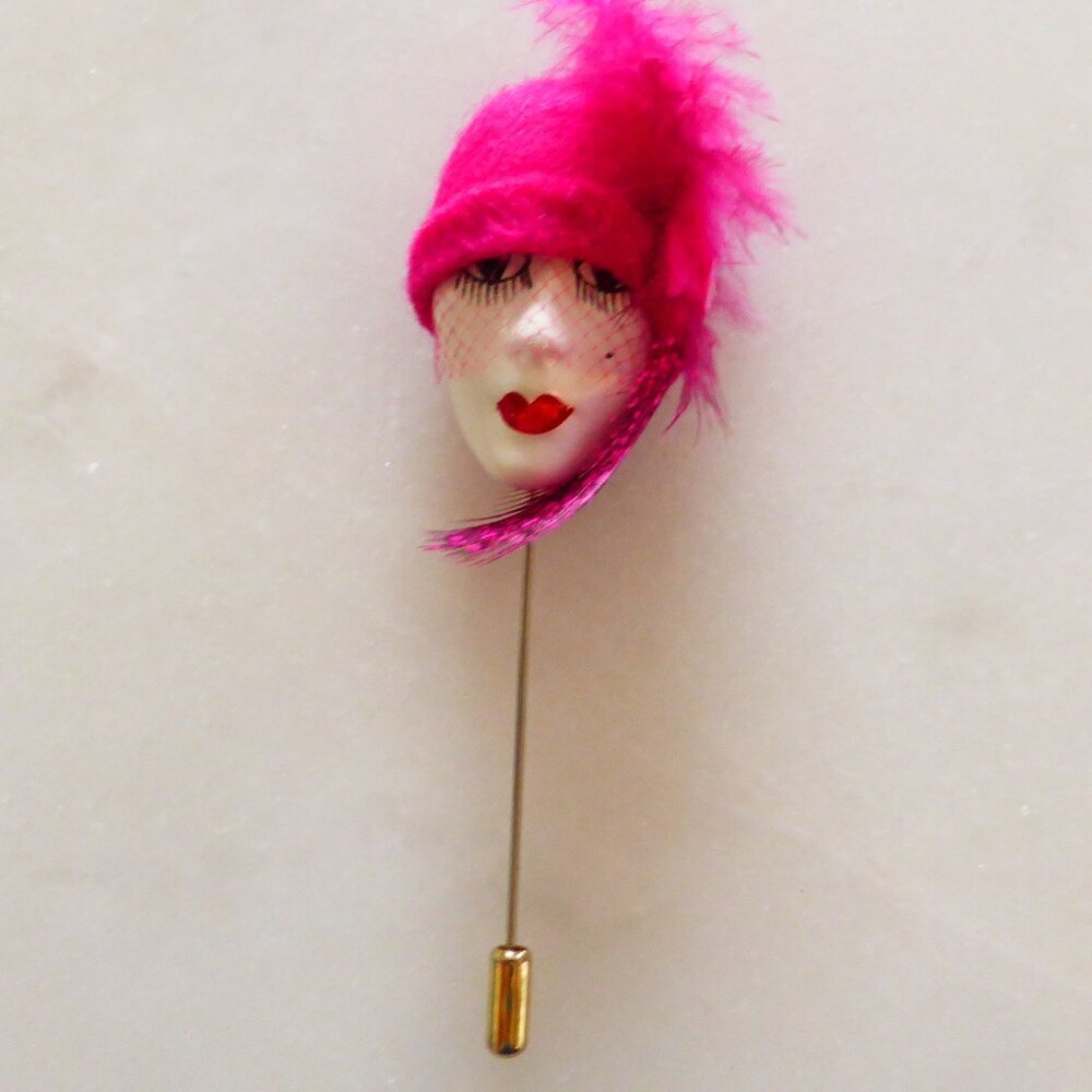 Beautiful Vintage French Flapper Stick Pin Brooch 1970s Collectible, Handpainted